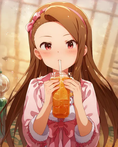 <lora:MinaseIori_pony_v1:1.9> mnsior, , mnsior, petite, long hair, brown hair, forehead, red eyes, hairband, small breasts, pink dress, 
 <lora:xl_katyusha_chug(kohaku_delta):.5> drinking, solo, bottle, blush, orange juice,, score_9, score_8_up, score_7_up, source_anime,