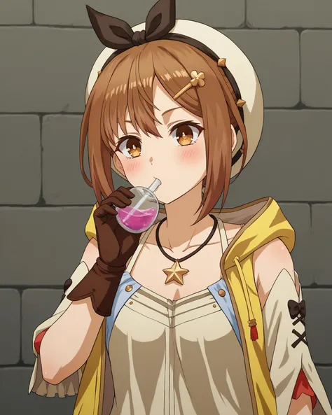 source_anime, 1girl, reisalinstout, <lora:reisalin-stout-ponyxl-lora-nochekaiser:1>, reisalin stout, short hair, brown hair, hair ornament, brown eyes, hairclip, gloves, hat, jewelry, jacket, necklace, star \\(symbol\\), white headwear, brown gloves, single glove, yellow jacket, leather, sleeveless jacket, star necklace, leather gloves, <lora:xl_katyusha_chug(kohaku_delta):1> drinking, solo, bottle, blush, potion, upper body, hand up, leaning back, zPDXL2,