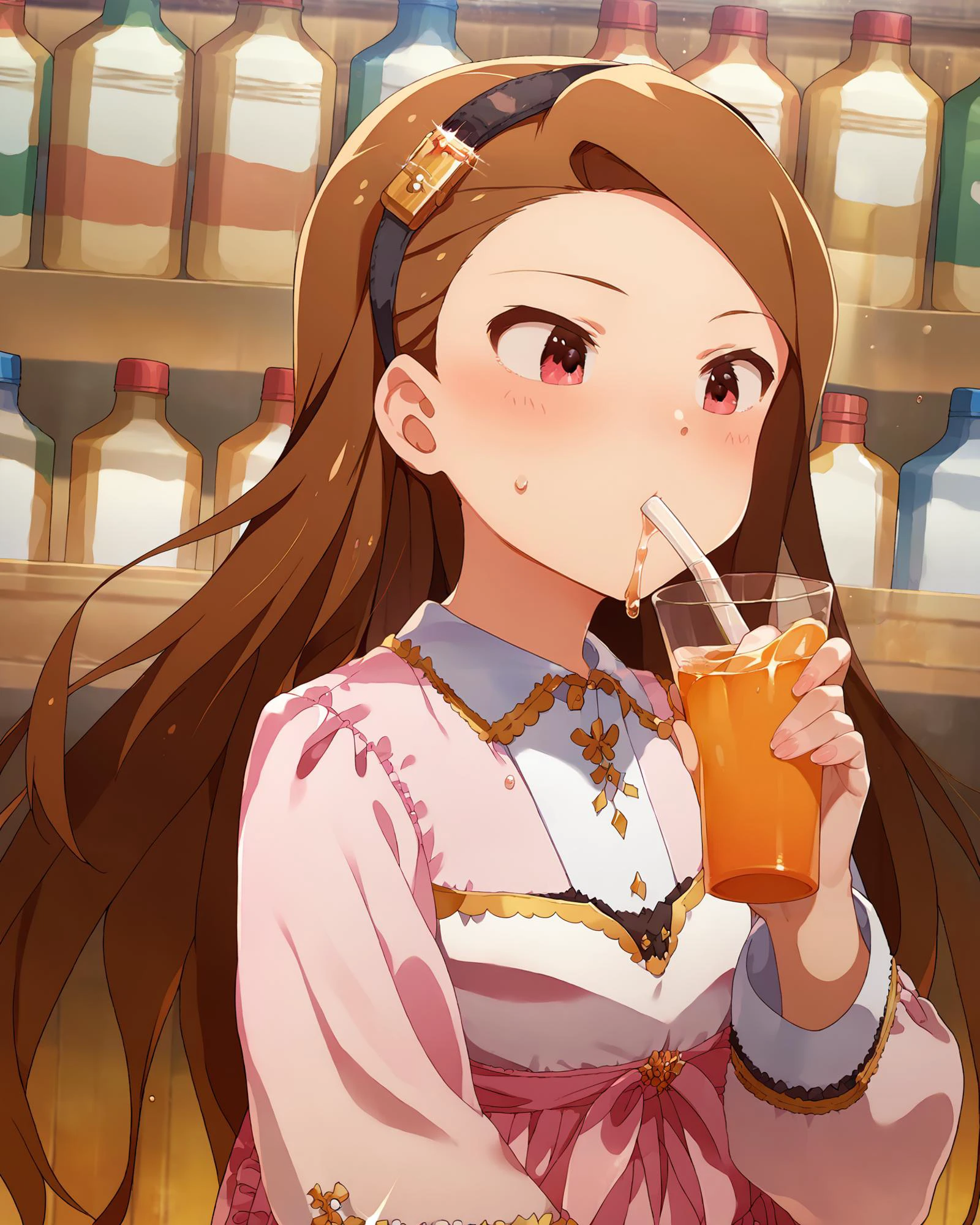 <lora:MinaseIori_pony_v1:1.9> mnsior, , mnsior, petite, long hair, brown hair, forehead, red eyes, hairband, small breasts, pink dress,
<lora:xl_katyusha_chug(kohaku_delta):.5> drinking, solo, bottle, blush, orange juice,, score_9, score_8_up, score_7_up, source_anime,