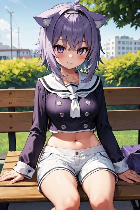 masterpiece, best quality, absurdres, perfect anatomy, 1girl, solo, okayuschool, serafuku, purple shirt, black hairband, midriff, white shorts, cat tail, ahoge, sitting, bench, outdoors, school courtyard, tree, smile, bento box, <lora:okayu:1>