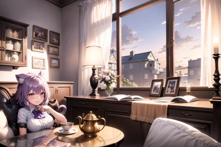 <lora:nekomataOkayuHololive_v1:1>,nekomata okayu,(baroque:1.1),a girl sitting at a table with a cup of tea and a tea kettle in front of her, in a fancy room,a character portrait,
a room with large window,(best quality,high quality:1.1),(photorealistic:1.3),Core shadow, light particles, HDR, Rembrandt lighting,light diffusion, physically-based rendering, vibrant, intricate, particles,
(detailed frilled clothes:1.2),purple hair, short_hair, animal_ear_fluff,hair_ribbon,(bangs:1),eyelashes,shiny eyes,cat tail,
white see-through shirt,short sleeve,(blue bowtie:1.1),lace trim,(smile:1.1),:3,(parted lips:1.0),(blush:1.2),medium breasts