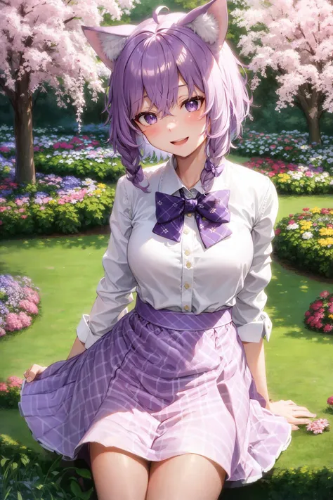 1girl, summer, village, trees, sun, clouds, ((colorful hair)), ponytail, large breasts, button down, blue eyes, ((purple shirt)), ((unbuttoned shirt)), unbuttoning buttons, ((short sleeved shirt)), black mini skirt, brown shoes, grin, looking at the viewer, standing, hair ribbon, ((golden necklate))