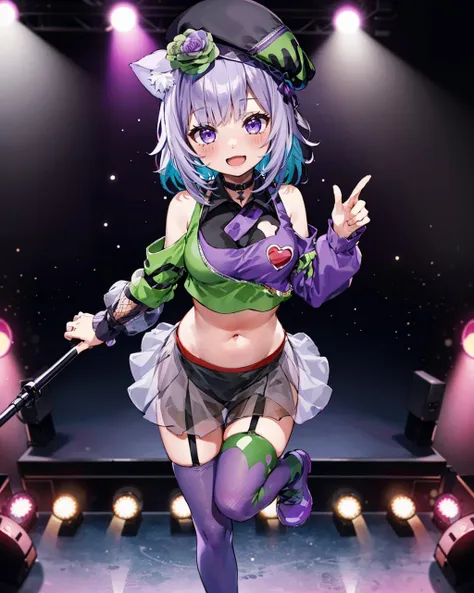 1girl, solo, full body, standing on one leg, open mouth, smile, concert, stage, stage lights, okayusinger, crop top, multicolored shirt, shoulder cutout, heart on chest, see-through purple skirt, [black shorts], garter straps, mismatched legwear, hat flower, cat tail<lora:nekomata okayu 6 outfits:0.9>