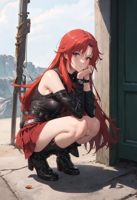 ((masterpiece)), ((best quality)), 1girl, long hair, big bust, ((red hair)), semi naked, very long red hair, ((intimidant look)), sexy pose, ((blood marks)), yellow eyes, ((white lace lingerie)), ((chains)), leather, dark colors, ((bandana)), brillant eyes, heels, fishnet stockings, ((wavy hair)), exposed skin, ((intimidant look)), good anatomy, ((dominant)), ((straight cut bangs)), long gloves, evil, emotionless, intimidant, bloody, ((beautiful eyes)), dark background, close up, ((detailed eyes)), beautiful eyes, hair bang, frontal look