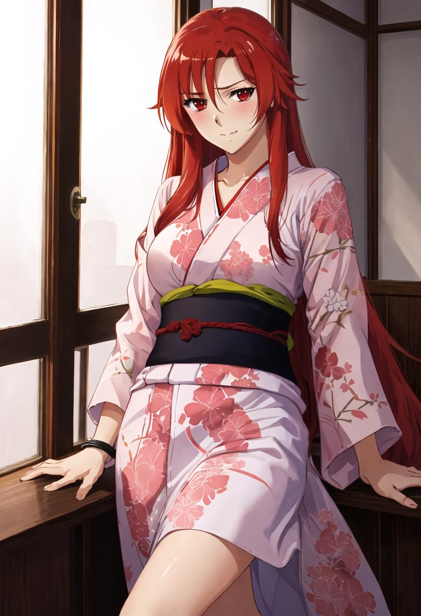 Anime girl in kimono outfit sitting on window sill - SeaArt AI
