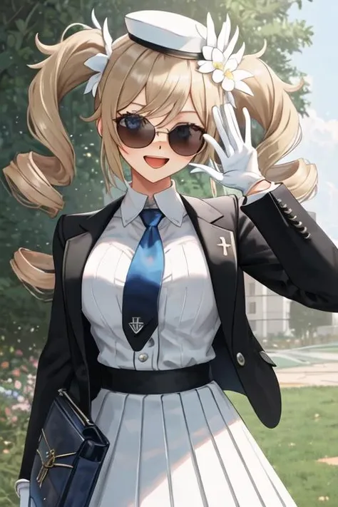 best quality, masterpiece, highres, solo, {black business suit:1.40}, {tie:1.20}, {sunglasses:1.25}, {white gloves:1.15}, {white shirt:1.10}, {black skirt:1.15}, {smoking:1.20}, handsome, {barbara_genshin:1.15}, blonde_hair, blue_eyes, twintails, bangs, long_hair, drill_hair, twin_drills, hat, blush, smile, open_mouth, breasts, white_headwear, hair_ornament