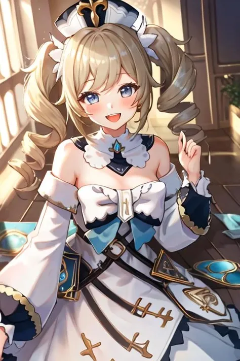best quality, masterpiece, highres, solo, {barbara_genshin:1.15}, blonde_hair, blue_eyes, twintails, bangs, long_hair, drill_hair, twin_drills, hat, blush, smile, open_mouth, breasts, white_headwear, hair_ornament, 1girl, :d, bare_shoulders, detached_collar, detached_sleeves, dress, long_sleeves, looking_at_viewer, white_dress, bow, upper_body