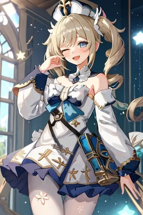 best quality, masterpiece, highres, solo, {barbara_genshin:1.15}, blonde_hair, blue_eyes, twintails, bangs, long_hair, drill_hair, twin_drills, hat, blush, smile, open_mouth, breasts, white_headwear, hair_ornament, 1girl, book, cross, detached_sleeves, dress, long_sleeves, looking_at_viewer, one_eye_closed, white_dress, bare_shoulders, bow, star_\(symbol\), ;d, pantyhose, vision_\(genshin_impact\), white_pantyhose, arm_up