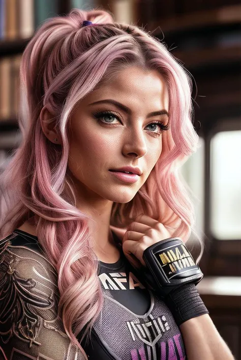 beautiful woman (EP4l3x4Bl1ss :.99), (blonde hair with pink highlight), jewellery, ((portrait)), (closeup:1.2), ((from the waist up)), ((( High fantasy floating library city with levitating bookshelves :1.2 ))), natural skin texture, (( MMA fight shirt, MMA fight shorts, MMA gloves, ankle wraps :1.2)), 24mm, 4k textures, soft cinematic light, adobe lightroom, photolab, hdr, intricate, elegant, highly detailed, sharp focus, ((((cinematic look)))), soothing tones, insane details, intricate details, hyperdetailed, low contrast, soft cinematic light, exposure blend, hdr, faded, now, ("I've got a bad feeling about this.":1.1)