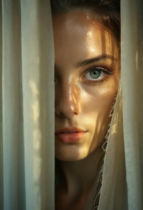 RAW photo, beautiful eyes, macro shot, masterpiece, peeking from behind curtains, colorful details, award winning, high detailed, 8k, natural lighting, analog film, detailed skin, amazing composition, intricate details, subsurface scattering, velus hairs, amazing textures, filmic, chiaroscuro, soft light