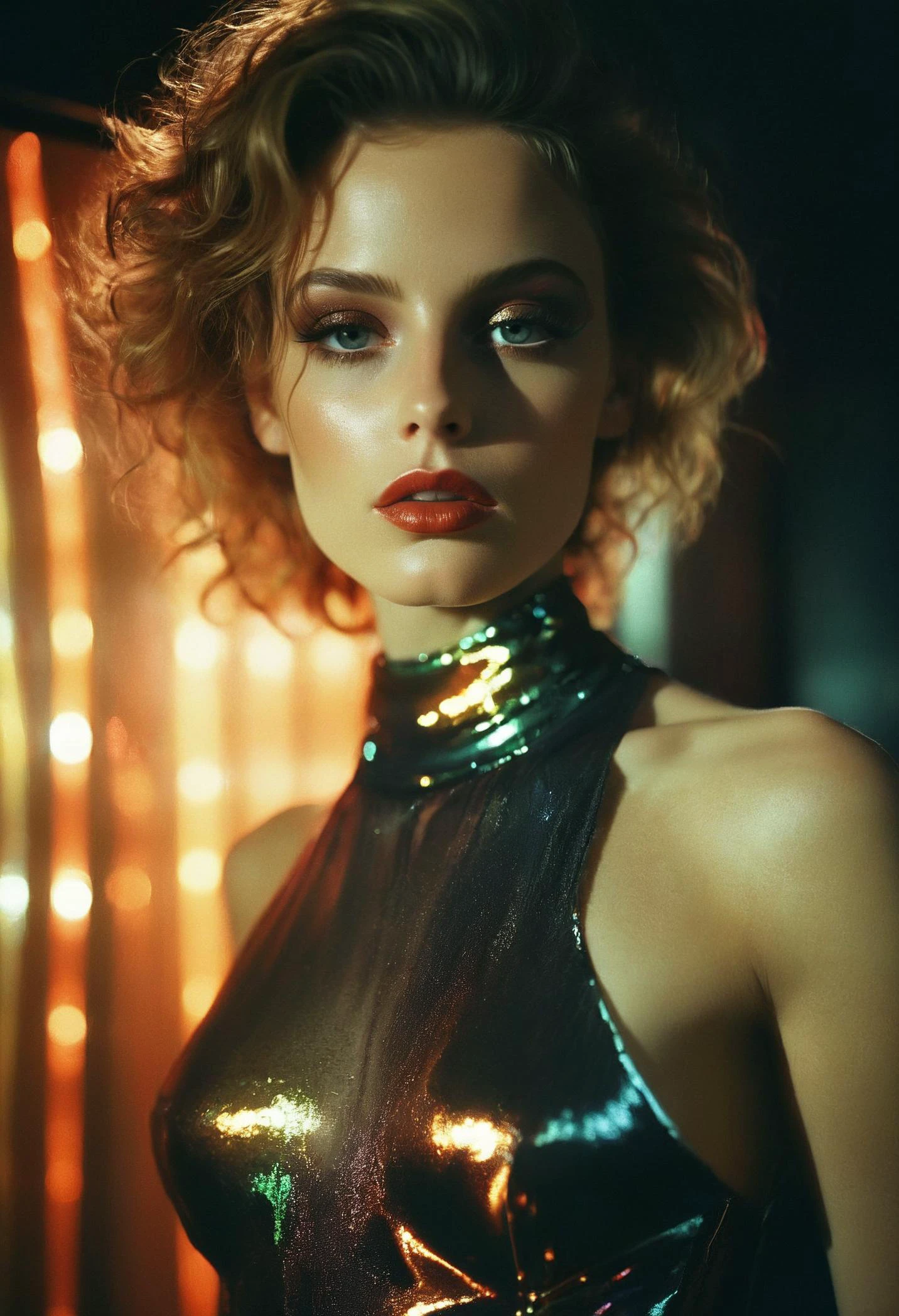 RAW photograph, a beautiful woman, perfect seductive face, otherworldy beauty, shiny satin haute couture outfit, creative makeup, masterpiece, 8k, dslr, amazing natural lighting, rich emotive colors, deep darks, high contrast, kodachrome, analog film, 35mm photograph, subsurface scattering, prismatic colored light