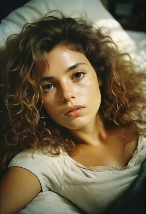 Old faded polaroid photo, a woman lying on a bed, messy wavy hair, tired after a long day, business atire, analog film, chiaroscuro, sharp focus, 8k, UHD, award winning photography, ultra high res, DSLR, masterpiece, ultra detailed, intricate details, 35mm photograph, kodachrome, masterpiece, natural lighting