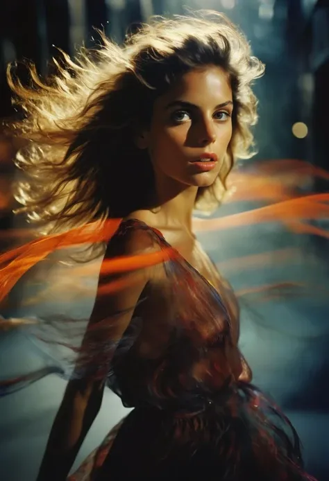 RAW photograph, a beautiful woman, masterpiece, 8k, dslr, amazing natural lighting, deep darks, avant garde, fashion magazine cover, long exposure photography, rich emotive colors, movement of light, high contrast, kodachrome, analog film, 35mm photograph, subsurface scattering, style of Steve McCurry