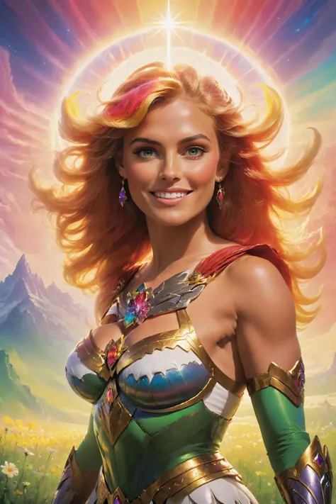 <lora:Cosmic_Canvas_SDXL:1> cosmic canvas, a meadows with colorful flowers at background, ultimate art, close-up portrait of she-ra from masters of universe smiling from heaven with white glowing halo ring, wearing cross armor, goodbye, waving hand, rich vibrant colors, beautiful green mountains with sunrise in the background, looking at viewer