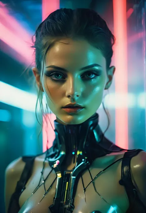 RAW Photo, a cyberpunk portrait photo, femme android, synthoid, cybernetic organism, translucent parts, intriguing face, cool emotionless expression, transhuman, future technology, retro tech, sci-fi, neon lit fog, deep darks, soft vivid colors, hard light, caustic light patterns, raytracing, rich emotive colors, 8k, masterpiece, kodak portra 400, UHD, rich emotive colors, surreal quality, hyperrealism, shot by Steve McCurry