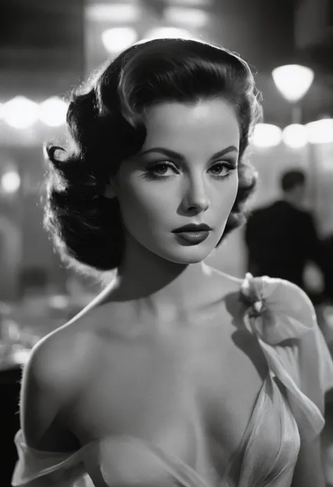 Film noir, black and white, cinematic still, a femme fatale enters the scene, UHD, masterpiece, retro, 60s vibe