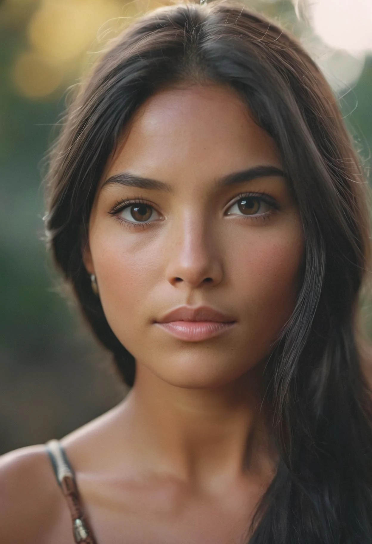 RAW Photo, real life Pocahontas, Porta 160 color, highly detailed face, sharp focus on subject, imperfections, fine features, bokeh, masterpiece, 8K, UHD, 35mm photograph, natural lighting, analog AND digital