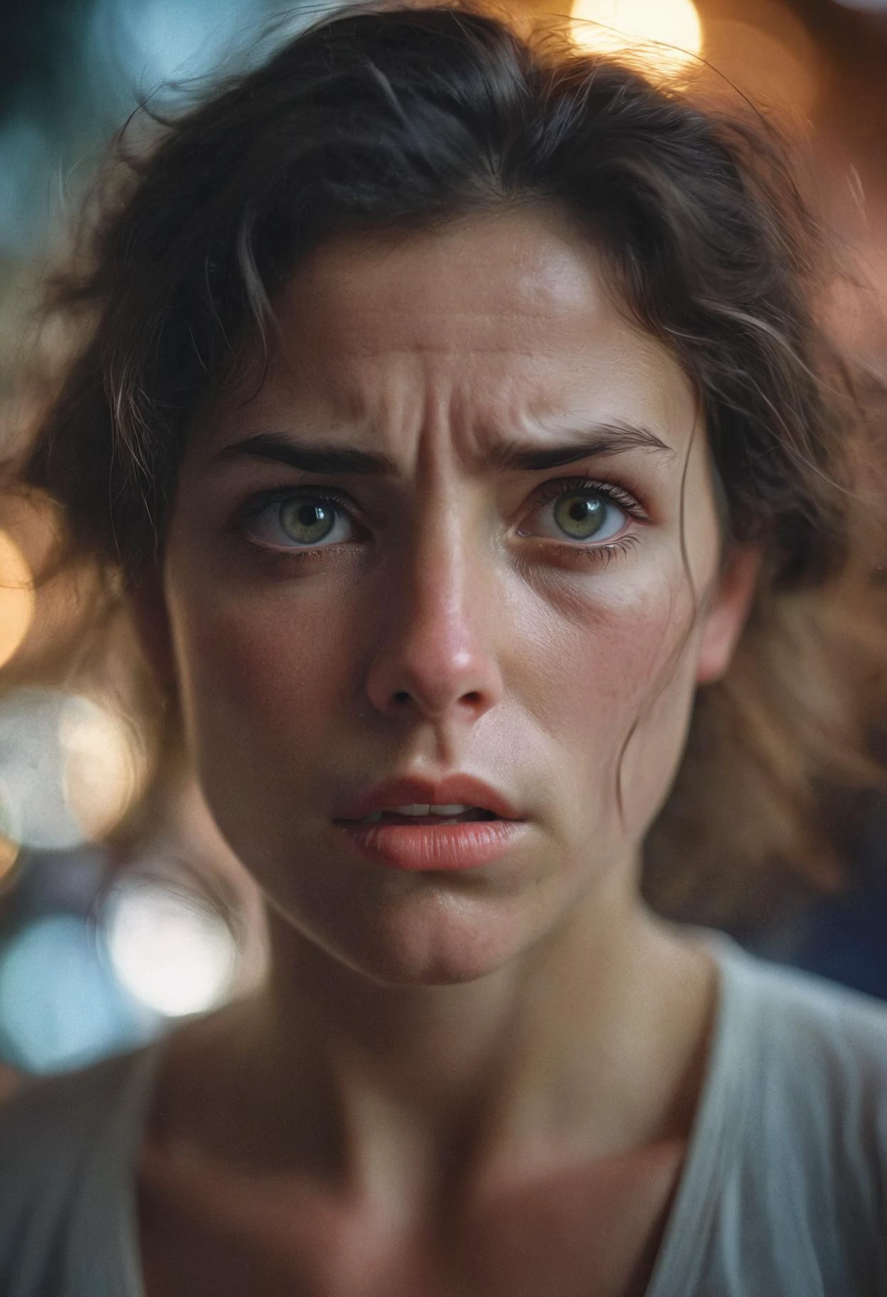 RAW Photo, a woman battling with her inner demons, Porta 160 color, highly detailed face, troubled expression, sharp focus on subject, imperfections, fine features, bokeh, masterpiece, 8K, UHD, 35mm photograph, natural lighting, analog AND digital