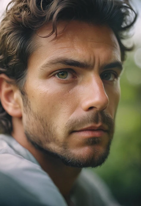 RAW Photo, a man reflecting on the nature of reality, Porta 160 color, highly detailed face, sharp focus on subject, imperfections, fine features, bokeh, masterpiece, 8K, UHD, 35mm photograph, natural lighting, analog AND digital