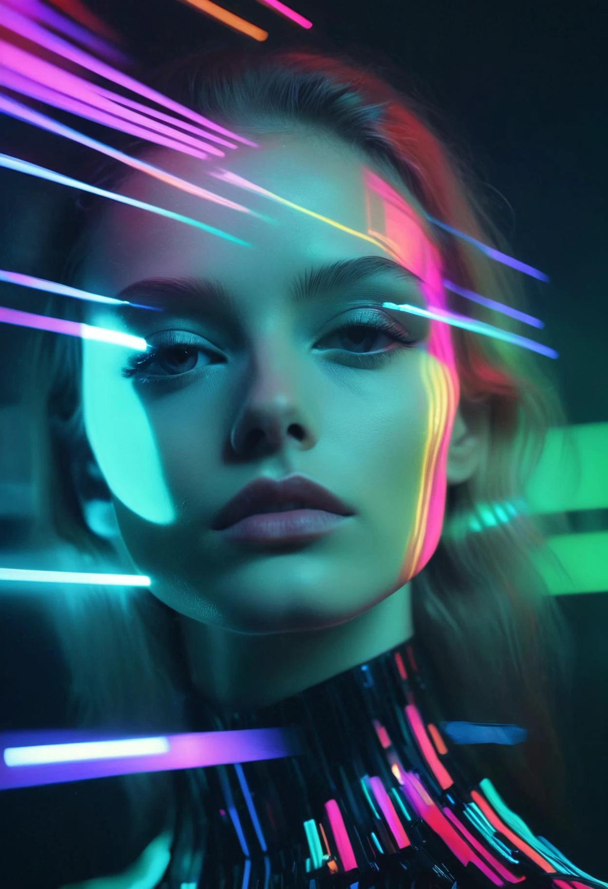 RAW Photo, a cybernetic organism, ((glitch effect):1.1), ((chromatic aberration):1.1), visual distortions, disrupted, lines, interference, beauty, deep darks, neon lights, bokeh, masterpiece, 8K, UHD, 35mm photograph, analog AND digital