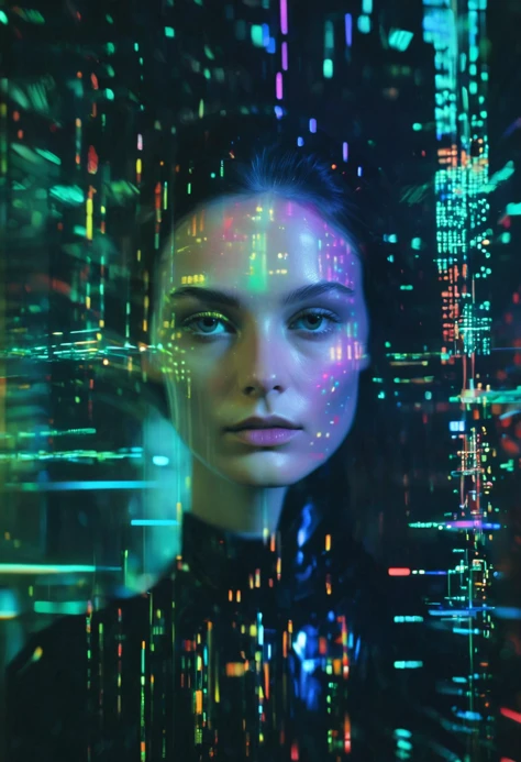 RAW Photo, a cybernetic organism, ((glitch effect):1.1), ((chromatic aberration):1.1), visual distortions, disrupted, interference, beauty, deep darks, neon lights, bokeh, masterpiece, 8K, UHD, 35mm photograph, analog AND digital