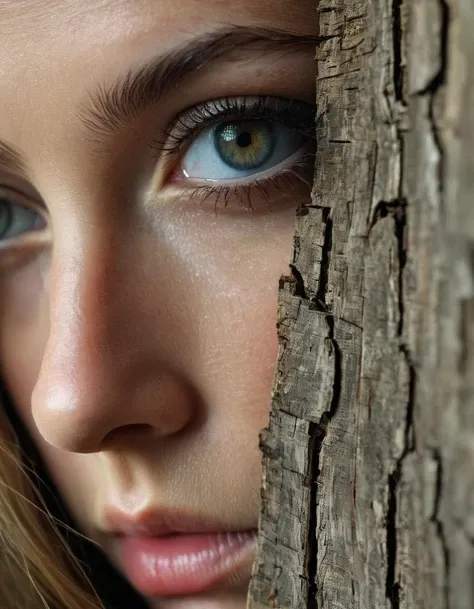 RAW photo, expressive beautiful eyes, macro shot, masterpiece, peeking from behind wood planks, colorful details, award winning, high detailed, 8k, natural lighting, analog film, detailed skin, amazing composition, intricate details, subsurface scattering, velus hairs, amazing textures, filmic, chiaroscuro, soft light