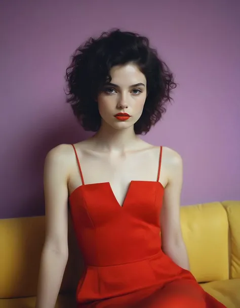 professional photo of a woman in red top sitting on a yellow couch in front of a flashlight, in the style of celestialpunk, kris knight, manipulated photography, hazy atmospheres, ultraviolet photography, angelcore, gritty elegance, high quality photo, intricate details