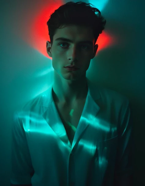 a man in the dark with a bright neon light, in the style of feminine portraiture, split toning, light crimson and azure, distorted portraits, naturalistic shadows, dramatic movement, volumetric lighting, backlit by the environment