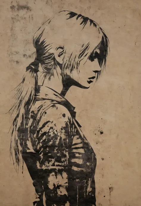 communicating and perceiving another realm by drawing it on paper, stencil, detailed, inspired by Silent Hill, Nine Inch Nails album cover, gritty, tragic beauty, by Banksy