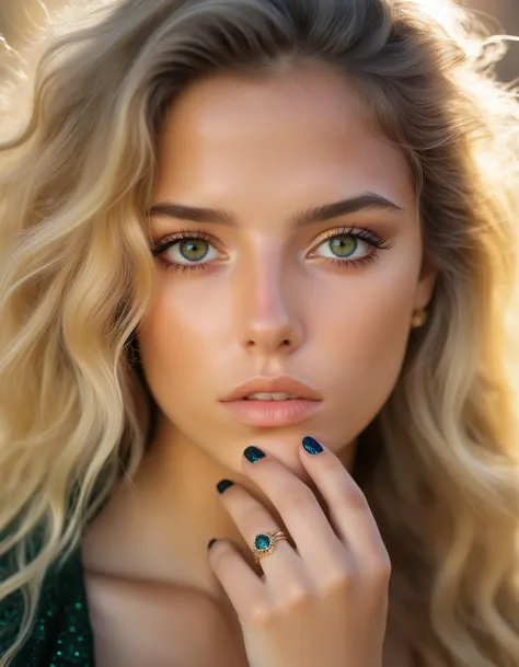 20 year old lady from brazil in sunlight in the grand canyon, eye and mouth closeup, ring, RAW photo, beautiful eyes, (gentle fingers with touching lips:0.1), macro shot, colorful details, award winning, high detailed, 8k, natural sun lighting, left hand black glitter fingernails touching chin, mixed green and blue eyes, golden hair