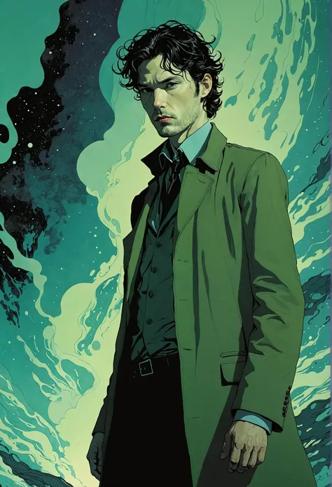 Minimalist illustration, ((a mysterious figure)), psi, supernatural, a scifi poster, key art, comic, highly detailed, pastel tones, dreamscape, chiaroscuro, by Tomer Hanuka AND Yoji Shinkawa