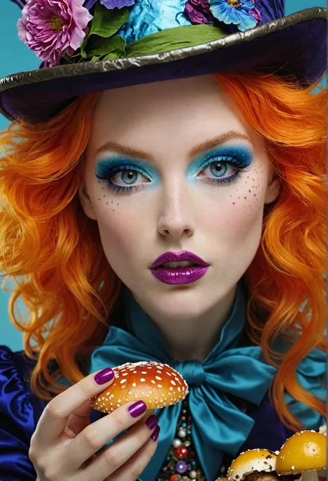 Hyperdetailed photograph, detailed skin with visible pores, radical pose, UHD, vibrant colors, Alice mixed with the Mad Hatter, she is offering an edible mushroom coated with sugar, very sharp details, intricate details, creative imagery, photograph by Rachel Maclean