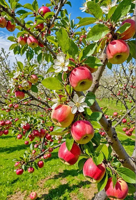 RAW Photography, an apple tree orchard, highly detailed, botanical accuracy, vivid vibrant colors, blossoms, masterpiece, 8k, HDR10, almost magical imagery, fruit, beautiful natural lighting