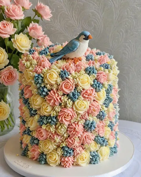 Noble ([Swallow|Heliosheath]:1.1) , background is Fjord, lush blossoms, Ambient lighting, <lora:CuteCake:1> in the style of c4k3, cake, piped frosting