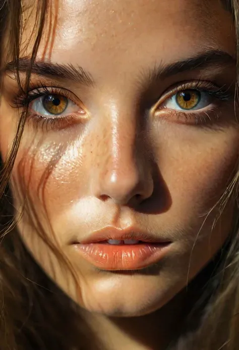 RAW photo, beautiful brown eyes, macro shot, masterpiece, colorful details, award winning, high detailed, 8k, natural lighting, analog film, detailed skin, amazing composition, intricate details, subsurface scattering, velus hairs, amazing textures, filmic, chiaroscuro, soft light, 21 years old girl, upper body and face,