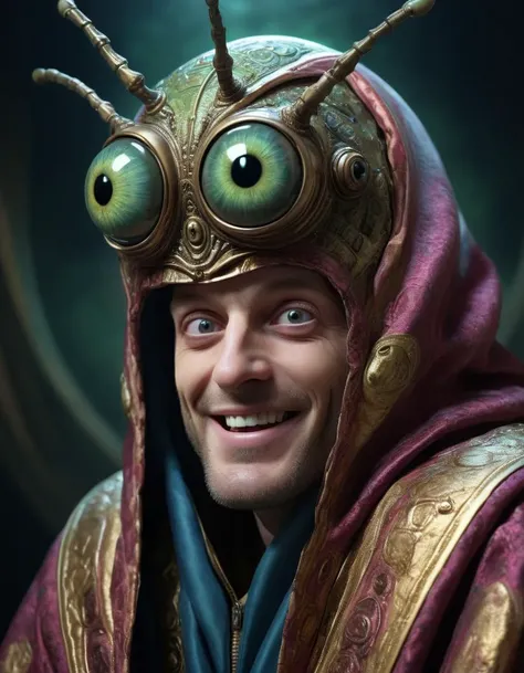 King of aliens: {(bug-shaped human), (human eyes:1.4), (royal robes)}. He laughs mischievously. Consoles, electronics, led. Highly detailed. High resolution. Hallucination.
