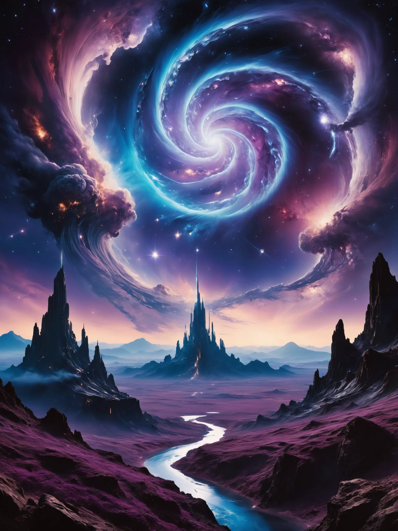 breathtaking biomechanical style land art style hyperrealistic (A landscape surrounded by swirling nebula clouds and cosmic phenomena. The color palette combines cosmic blues, purples, and ethereal whites, creating a sense of celestial wonder and mystery), <lora:SDXLFaeTastic2400:0.8> , <lora:RMSDXL_Creative:0.8> . photorealistic, extreme detail, lifelike, crisp, precise,blurry . natural materials, outdoor, environmental, detailed . blend of organic and mechanical elements, futuristic, cybernetic, detailed, intricate . award-winning, professional, highly detailed