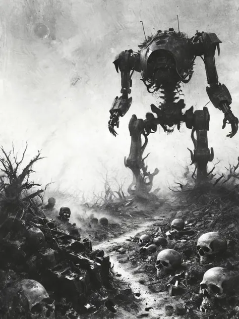 (very low wide angle:1.5), (15mm lens:1.5), distorted perspective, foreground: pile of numerous skulls and skeletons, crumbled, crushed by the foot of a (military mecha:1.4), layered expired film, analog nightmare, perfect composition, hard surface, reflections, hyper detailed, octane render, (planet in the background:1.2) <lora:Desolation:0.9> <lora:Brian_Selznick_Style_XL:1> drawing, brian selznick,