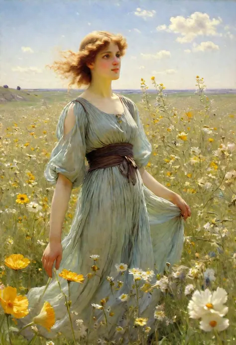 A muse arises in a field of blooming flowers, mesmerizing beauty, painting, 8k, masterpiece, AH_Tadema