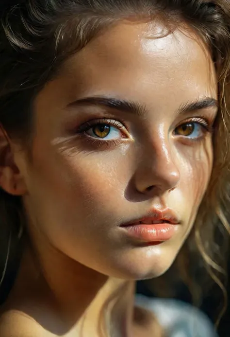 RAW photo, beautiful brown eyes, macro shot, masterpiece, colorful details, award winning, high detailed, 8k, natural lighting, analog film, detailed skin, amazing composition, intricate details, subsurface scattering, velus hairs, amazing textures, filmic, chiaroscuro, soft light, 21 years old girl, upper body and face,