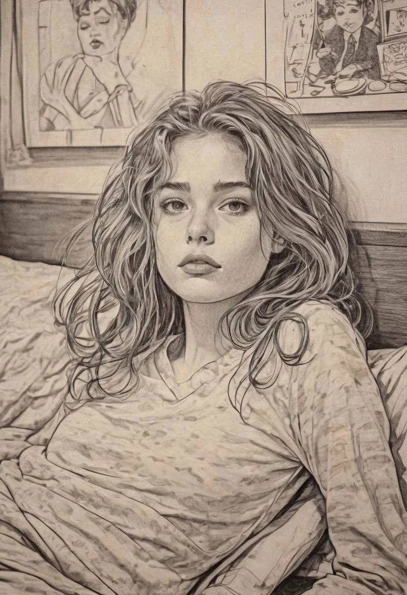 2d, flat inking, thick outline, crosshatch shading texture, rough sketchy drawing comics style illustration of a girl in her bedroom