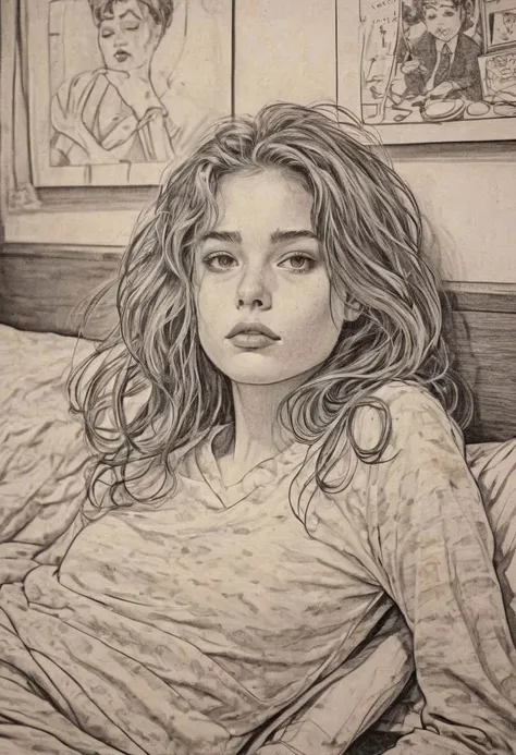 2d, flat inking, thick outline, crosshatch shading texture, rough sketchy drawing comics style illustration of a girl in her bedroom