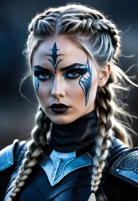 a scary viking warrior woman with dark makeup with hair in braids, three quarter view, in the style of dark silver and dark gray, scandinavian, leather/hide, strong facial expression, dark gray and blue, war photography, exaggerated facial features  ar 75:128  v 5.2