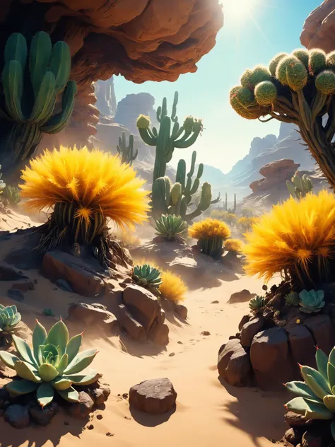 biomechanical style land art style hyperrealistic concept art (A landscape with a yellow atmosphere that amplifies the heat and light of the sun, creating a scorching and blinding environment. The flora is scarce and adapted to the extreme conditions, such as cacti and succulents that store water and have spines for protection. The geology is mostly barren and rocky, with deserts, dunes, and oases. The mood is harsh and oppressive.), <lora:SDXLFaeTastic2400:0.8> , <lora:RMSDXL_Creative:0.8> . digital artwork, illustrative, painterly, matte painting, highly detailed . photorealistic, extreme detail, lifelike, crisp, precise,blurry . natural materials, outdoor, environmental, detailed . blend of organic and mechanical elements, futuristic, cybernetic, detailed, intricate