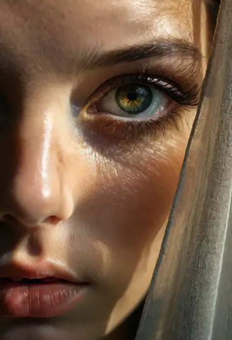RAW photo, beautiful eyes, macro shot, masterpiece, peeking from behind curtains, colorful details, award winning, high detailed, 8k, natural lighting, analog film, detailed skin, amazing composition, intricate details, subsurface scattering, velus hairs, amazing textures, filmic, chiaroscuro, soft light