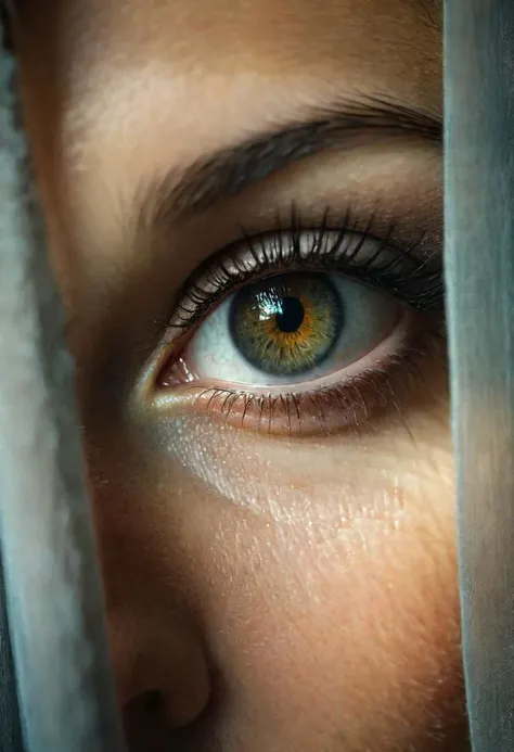 RAW photo, beautiful eyes, macro shot, masterpiece, peeking from behind curtains, colorful details, award winning, high detailed, 8k, natural lighting, analog film, detailed skin, amazing composition, intricate details, subsurface scattering, velus hairs, amazing textures, filmic, chiaroscuro, soft light