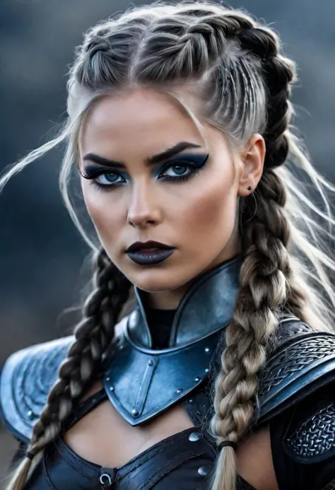 a scary viking warrior woman with dark makeup with hair in braids, three quarter view, in the style of dark silver and dark gray, scandinavian, leather/hide, strong facial expression, dark gray and blue, war photography, exaggerated facial features  ar 75:128  v 5.2