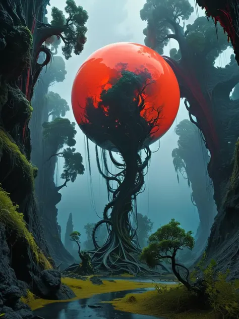 masterpiece of a realistic, (colorful:1.3), uncanny, (mysterious alien constructions and artefacts:1.2), beautiful and overworldly black landscape, red rainy weather, (various flora shapes, colors and forms),by Ivan Shishkin, 4k resolution, hyper detailed <lora:Fractal_Vines:0.5> fractalvines, made from fractal vines, covered in fractal vines <lora:Brutalism:0.65> brutalism <lora:xl_more_art-full_v1:0.25>, ((style by Jason Gonzales and MÅbius))