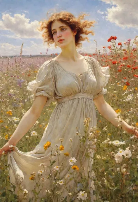 A muse arises in a field of blooming flowers, mesmerizing beauty, painting, 8k, masterpiece, AH_Tadema