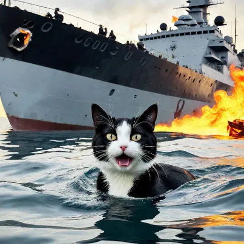 A black and white cat swimming on the sea and a sinking warship on fire